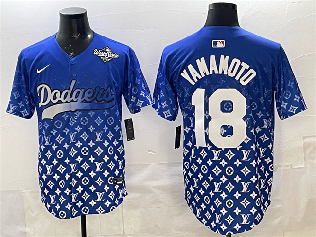 Men's Blue Los Angeles Dodgers #18 Yoshinobu Yamamoto 2025 World Series Patch Limited Stitched Baseball Jersey